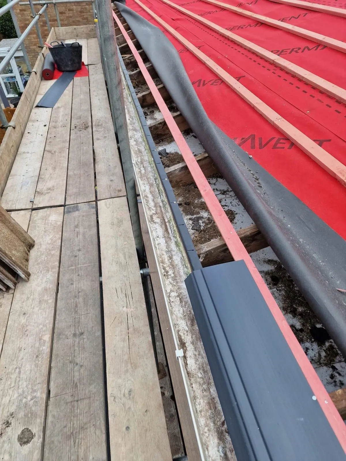 Breathable membrane and battens fitted during a re-roof in Tintagel